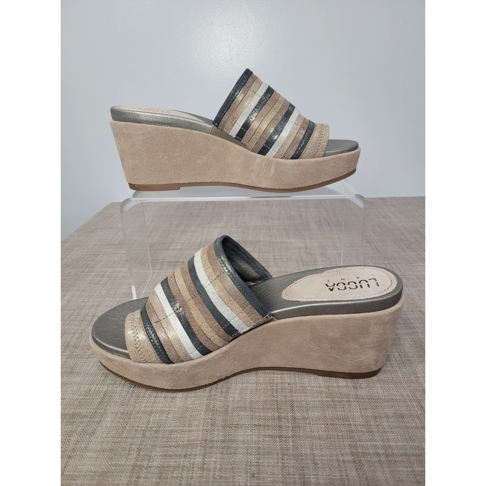 Lucca Lane Leanore Tan Multi Metallic Striped Leather Suede Wedge Sandals 8.5M - Picture 2 of 7